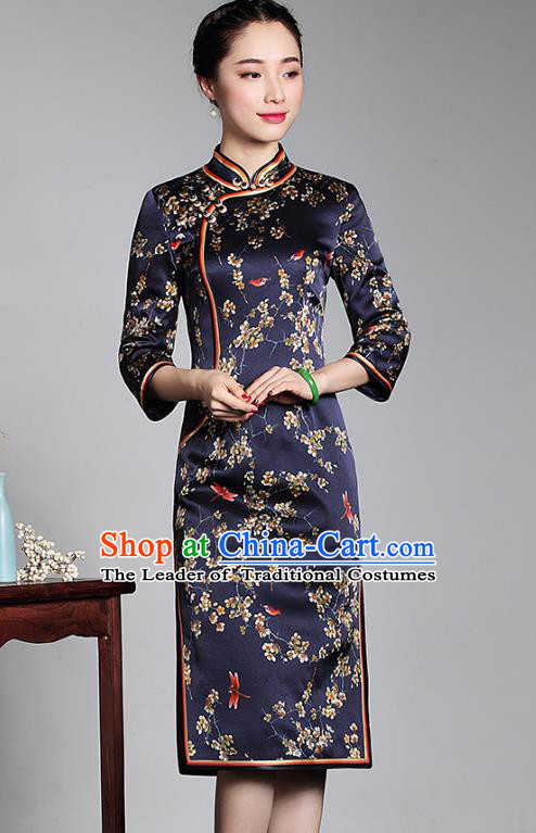 Asian Republic of China Top Grade Plated Buttons Printing Navy Silk Cheongsam, Traditional Chinese Tang Suit Qipao Dress for Women