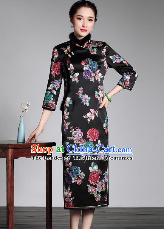 Top Grade Asian Republic of China Plated Buttons Black Silk Printing Cheongsam, Traditional Chinese Tang Suit Qipao Dress for Women