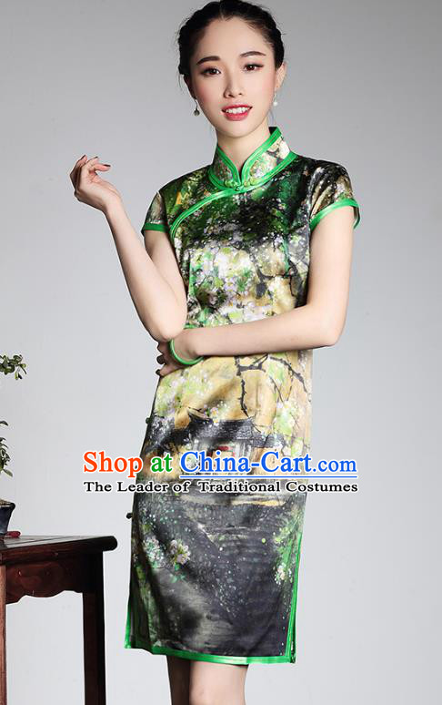Top Grade Asian Republic of China Plated Buttons Cheongsam, Traditional Chinese Tang Suit Printing Green Silk Qipao Dress for Women