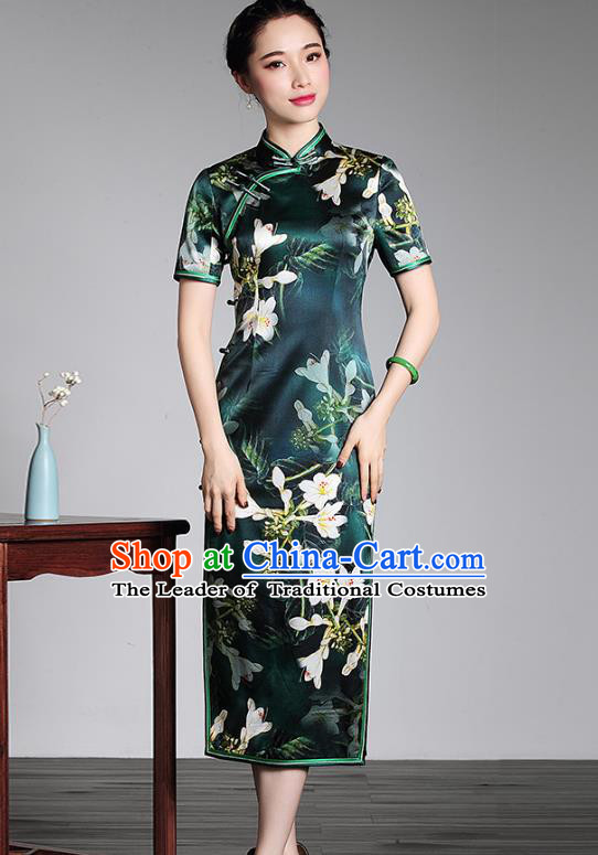 Top Grade Asian Republic of China Plated Buttons Cheongsam, Traditional Chinese Tang Suit Printing Green Silk Long Qipao Dress for Women