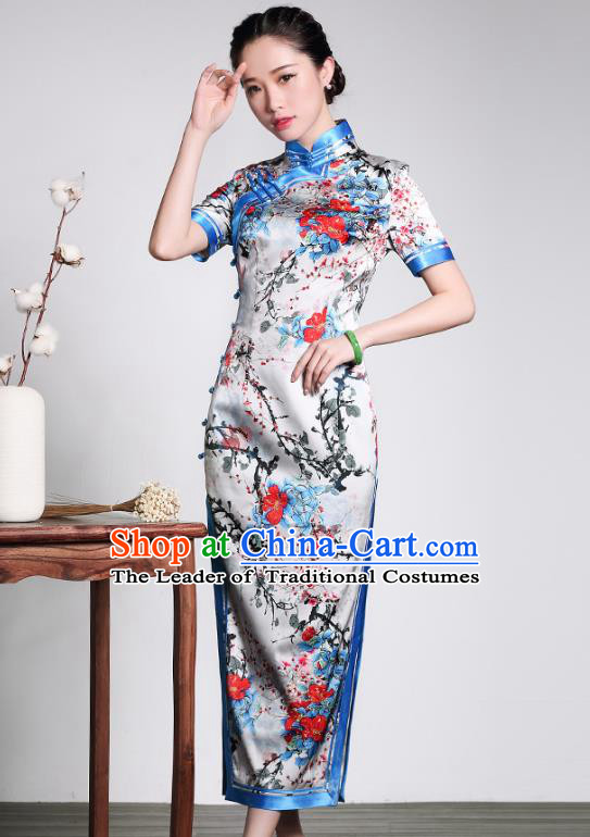 Traditional Ancient Chinese Young Lady Retro Stand Collar Printing Silk Cheongsam Dress, Asian Republic of China Qipao Tang Suit Clothing for Women