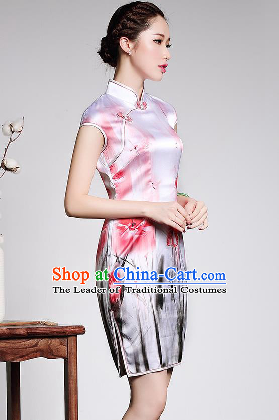 Asian Republic of China Young Lady Retro Plated Buttons Printing Cheongsam, Traditional Chinese Silk Qipao Tang Suit Dress for Women