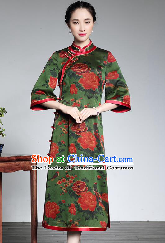 Asian Republic of China Young Lady Retro Plated Buttons Printing Green Silk Cheongsam, Traditional Chinese Wedding Qipao Tang Suit Dress for Women