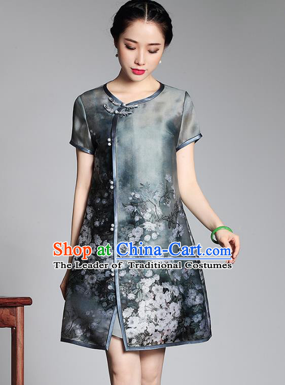 Asian Republic of China Top Grade Plated Buttons Organza Printing Cheongsam, Traditional Chinese Tang Suit Qipao Dress for Women