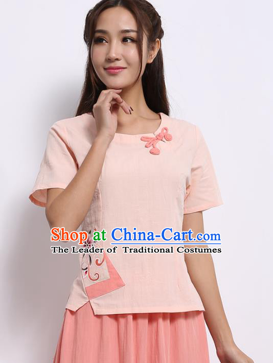 Asian China Top Grade Pink Linen Hand Painting Cheongsam Blouse, Traditional Chinese Tang Suit Hanfu Plated Button Qipao Shirts for Women