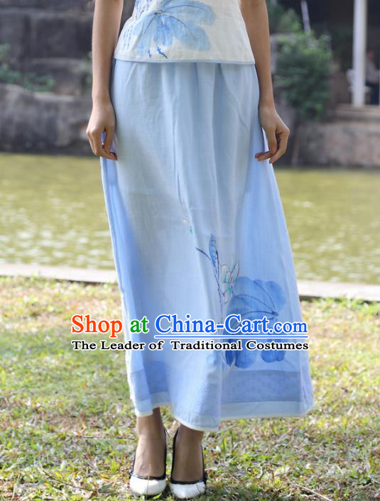 Asian China Hand Painting Blue Linen Bust Skirt, Traditional Chinese Tang Suit Hanfu Skirts for Women