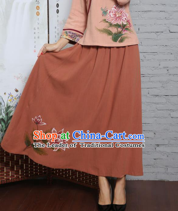 Asian China Hand Painting Orange Linen Bust Skirt, Traditional Chinese Tang Suit Hanfu Skirts for Women