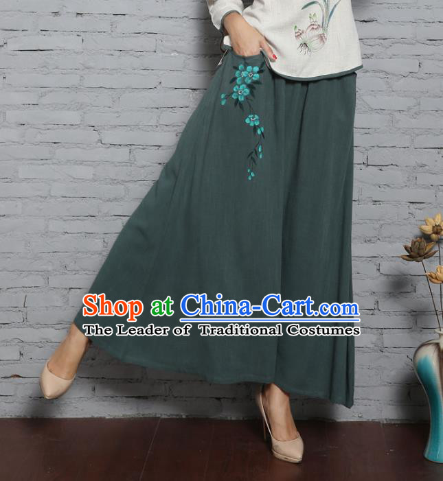 Asian China Hand Painting Green Linen Bust Skirt, Traditional Chinese Tang Suit Hanfu Skirts for Women