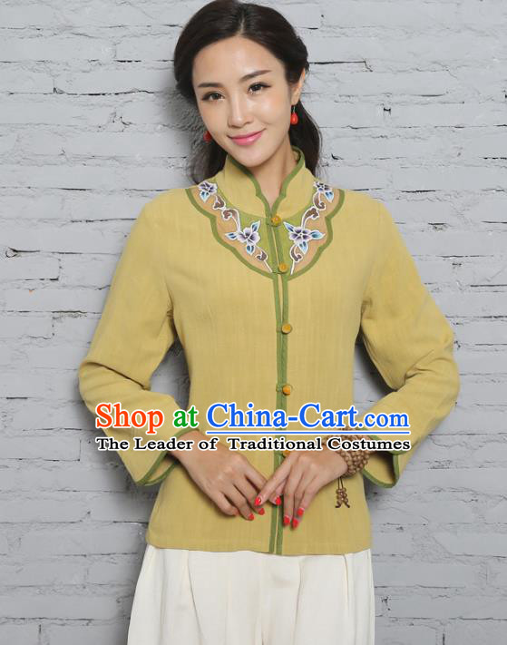 Asian China Top Grade Yellow Linen Cheongsam Hand Painting Blouse, Traditional Chinese Tang Suit Hanfu Plated Button Qipao Shirts for Women