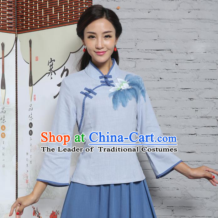 Asian China Top Grade Blue Linen Cheongsam Blouse, Traditional Chinese Tang Suit Hanfu Plated Button Qipao Shirts for Women