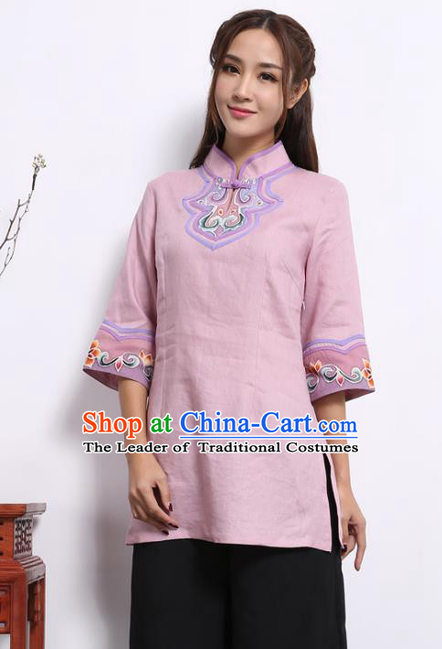 Asian China Top Grade Pink Linen Hand Painting Cheongsam Blouse, Traditional Chinese Tang Suit Hanfu Plated Button Qipao Shirts for Women