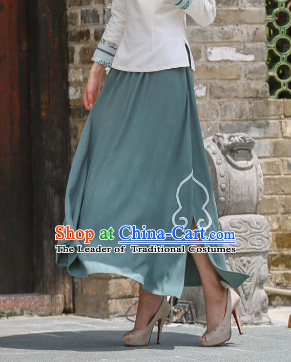 Asian China Hand Painting Top Grade Green Linen Bust Skirt, Traditional Chinese Tang Suit Hanfu Skirts for Women