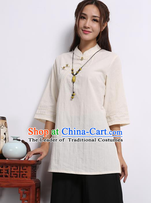 Asian China Top Grade Beige Linen Cheongsam Blouse, Traditional Chinese Tang Suit Hanfu Plated Button Qipao Shirts for Women