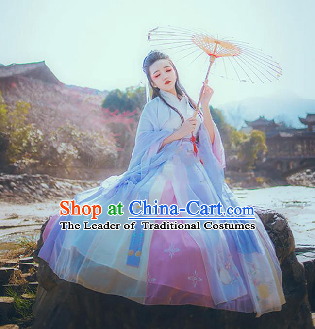 Asian China Han Dynasty Young Lady Embroidered Costume, Traditional Ancient Chinese Princess Elegant Hanfu Embroidery Clothing for Women