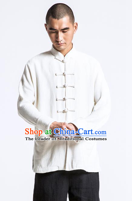 Asian China National Costume White Linen Shirts, Traditional Chinese Tang Suit Plated Buttons Upper Outer Garment Clothing for Men