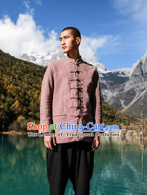 Asian China National Costume Brown Linen Shirts, Traditional Chinese Tang Suit Plated Buttons Upper Outer Garment Clothing for Men