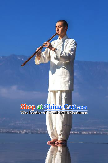 Asian China National Costume Linen Monk Clothing, Traditional Chinese Tang Suit Plated Buttons Zen Clothing for Men