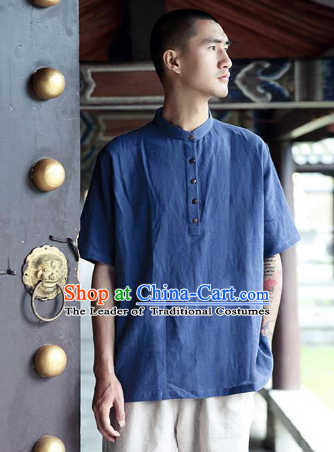 Asian China National Costume Blue Linen Stand Collar T-Shirts, Traditional Chinese Tang Suit Coconut Buttons Upper Outer Garment Clothing for Men