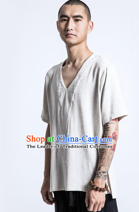 Asian China National Costume Linen T-Shirts, Traditional Chinese Tang Suit Upper Outer Garment Clothing for Men