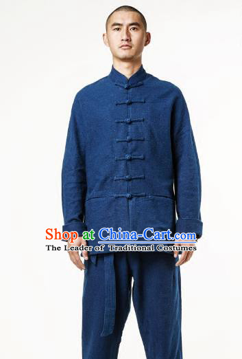 Asian China National Costume Blue Linen Shirts, Traditional Chinese Tang Suit Plated Buttons Upper Outer Garment Clothing for Men