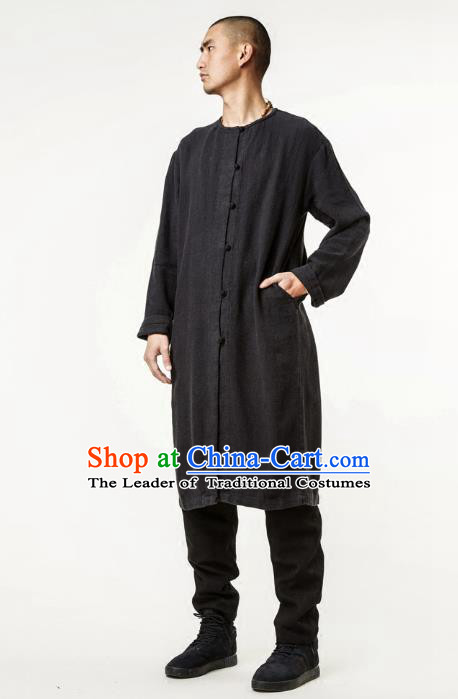 Asian China National Costume Black Linen Dust Coat, Traditional Chinese Tang Suit Slant Opening Coat Clothing for Men