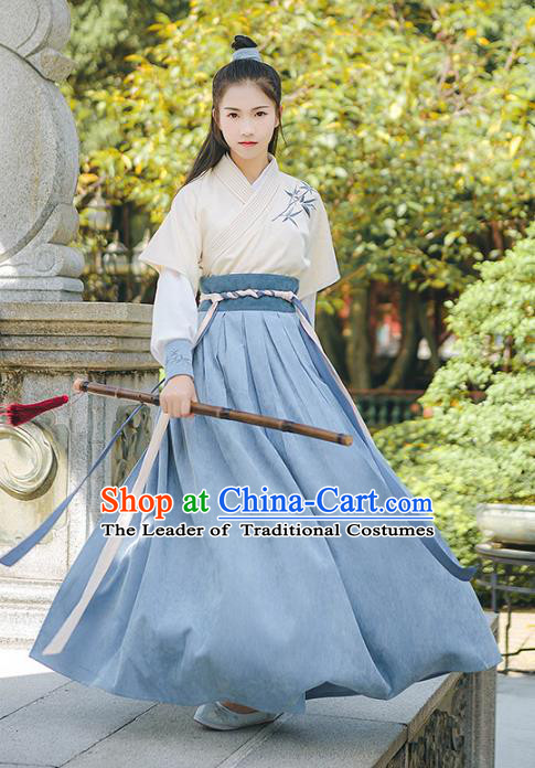 Asian China Han Dynasty Swordswoman Embroidered Costume, Traditional Ancient Chinese Elegant Hanfu Clothing for Women