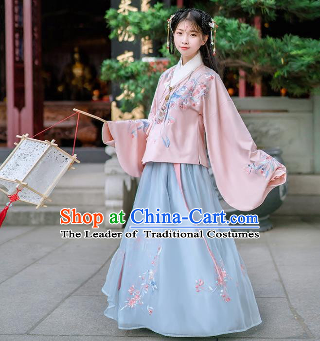 Asian China Ming Dynasty Palace Lady Wedding Costume Embroidery Pink Blouse and Blue Skirt, Traditional Ancient Chinese Princess Elegant Hanfu Clothing for Women