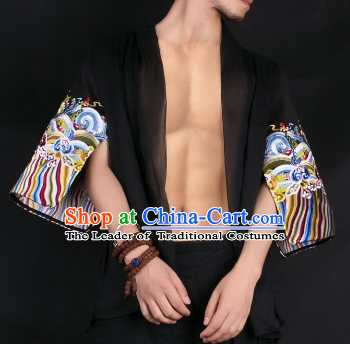 Asian China National Costume Embroidered Black Shirt, Traditional Chinese Tang Suit Underwear Clothing for Men