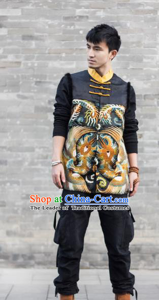 Asian China National Costume Embroidered Vest, Traditional Chinese Tang Suit Plated Buttons Waistcoat Clothing for Men