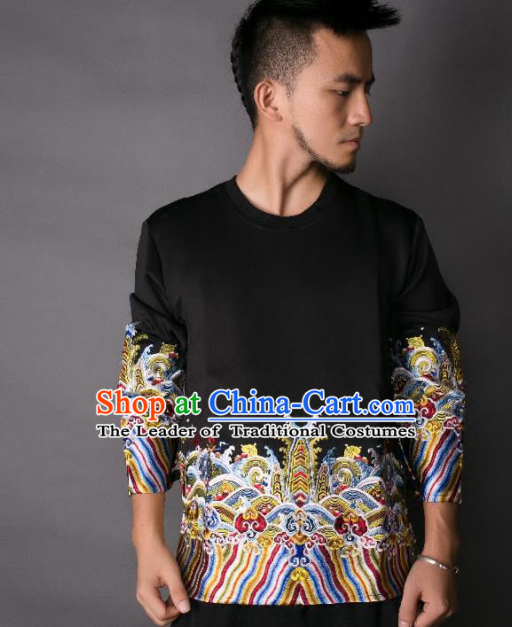 Asian China National Costume Embroidery Black Sweater, Traditional Chinese Tang Suit Hoodie Clothing for Men