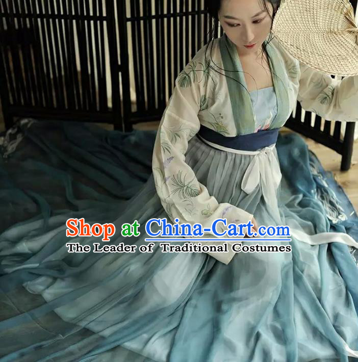 Asian China Tang Dynasty Palace Lady Embroidered Lotus Costume, Traditional Ancient Chinese Imperial Princess Elegant Hanfu Dress for Women