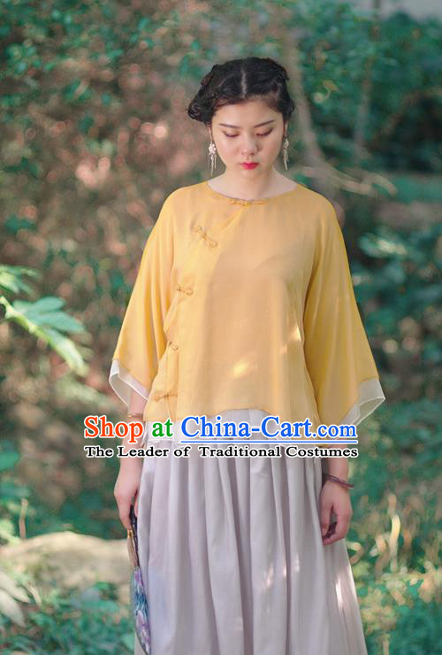 Asian China National Costume Slant Opening Yellow Silk Hanfu Qipao Shirts Upper Outer Garment, Traditional Chinese Tang Suit Cheongsam Blouse Clothing for Women