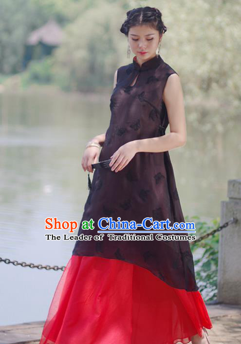 Asian China National Costume Slant Opening Black Silk Hanfu Qipao Dress, Traditional Chinese Tang Suit Cheongsam Clothing for Women