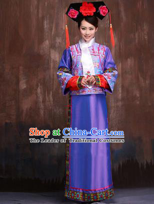 Traditional Ancient Chinese Imperial Consort Costume, Chinese Qing Dynasty Manchu Lady Purple Dress Embroidered Clothing for Women