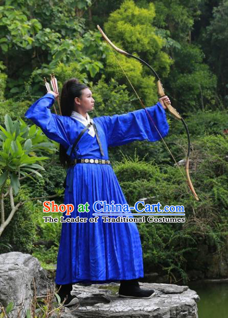 Traditional Ancient Chinese Swordsman Costume Embroidered Blue Robe, Elegant Hanfu Clothing Chinese Ming Dynasty Kawaler Clothing for Men