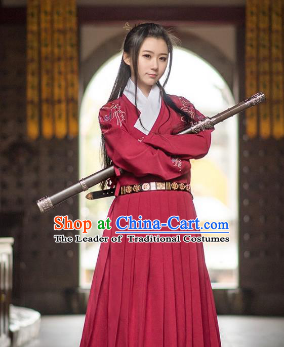 Traditional Ancient Chinese Swordsman Hanfu Costume Embroidered Red Robe, Asian China Ming Dynasty Imperial Guards Clothing for Women