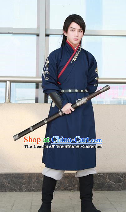 Traditional Ancient Chinese Swordsman Hanfu Costume Navy Embroidered Robe, Asian China Tang Dynasty Imperial Bodyguard Clothing for Men