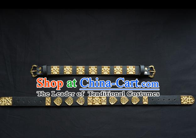 Traditional Ancient Chinese Hanfu Black Belts, Asian China Ming Dynasty Imperial Guards Leather Waistband for Men