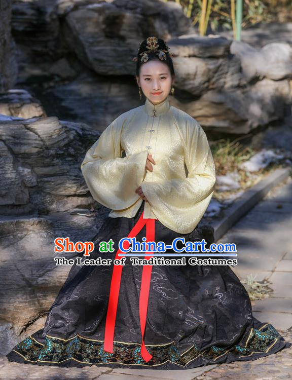 Traditional Chinese Ancient Costume Princess Blouse and Black Skirt, Asian China Ming Dynasty Palace Lady Hanfu Clothing for Women