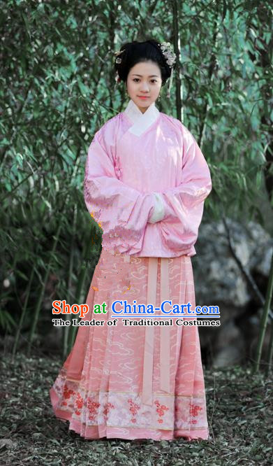 Traditional Chinese Ancient Costume Princess Pink Blouse and Skirt, Asian China Ming Dynasty Palace Lady Hanfu Clothing for Women