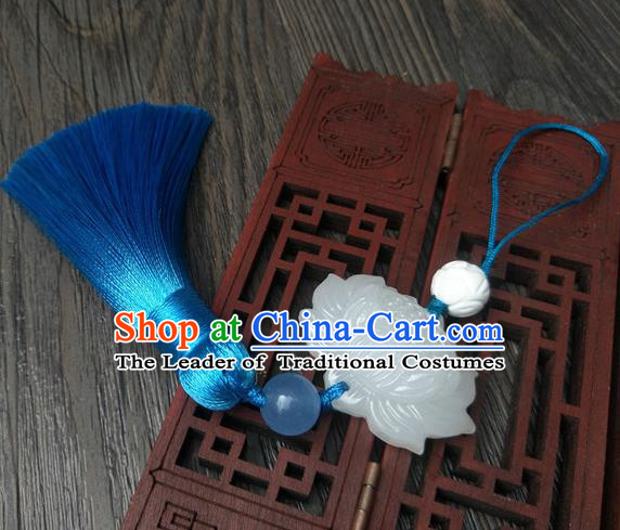 Traditional Handmade Chinese Ancient Classical Hanfu Accessories Blue Tassel Jade Lotus Pendant Brooch for Women