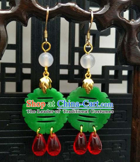 Traditional Handmade Chinese Ancient Classical Hanfu Wedding Accessories Eardrop Green Jade Tassel Earrings for Women