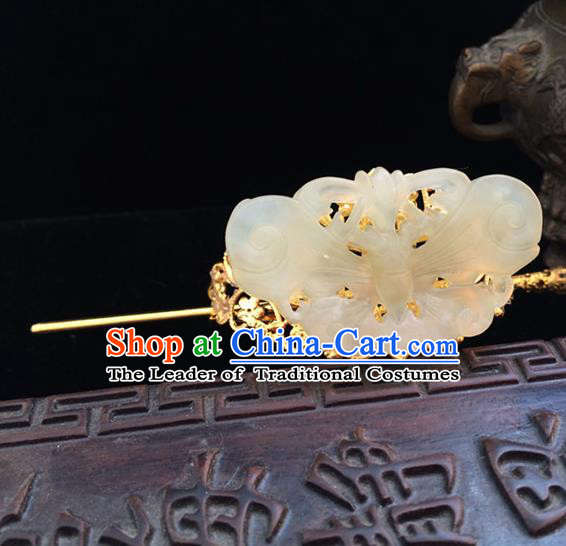 Traditional Handmade Chinese Ancient Classical Hair Accessories Han Dynasty Nobility Childe Tuinga Jade Hairdo Crown Golden Hairpins for Men