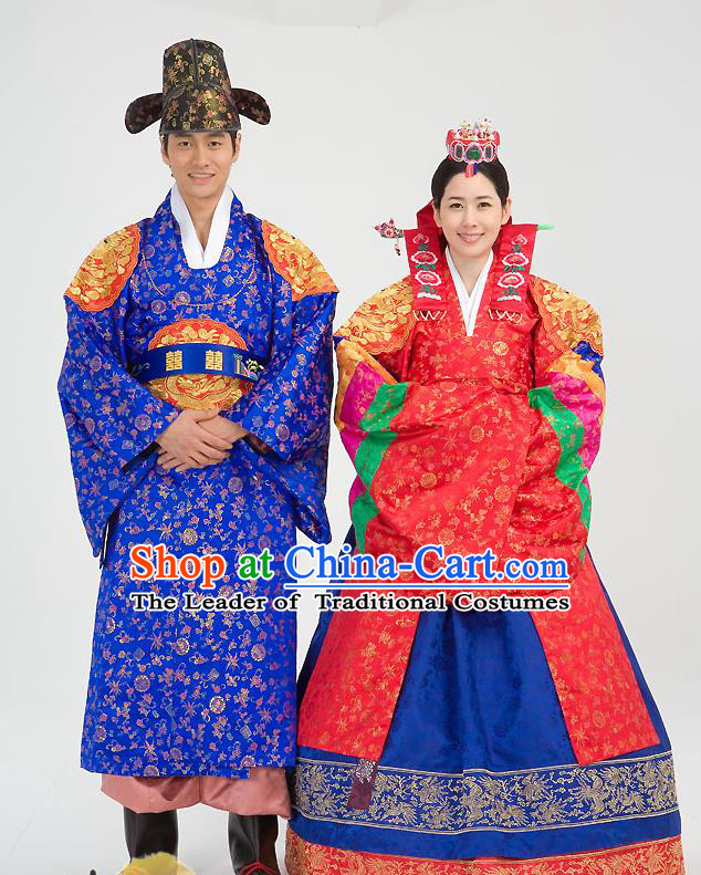 Traditional Korean Costumes Wedding Red Full Dress, Palace Lady Formal Attire Ceremonial Clothes, Korea Court Bride Embroidered Clothing for Women