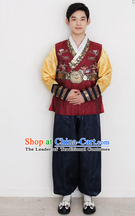 Traditional Korean Costumes Bridegroom Formal Attire Ceremonial Red Clothes, Korea Hanbok Court Embroidered Clothing for Men