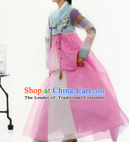 Traditional Korean Costumes Bride Formal Attire Ceremonial Blue Blouse and Pink Dress, Korea Hanbok Court Embroidered Clothing for Women