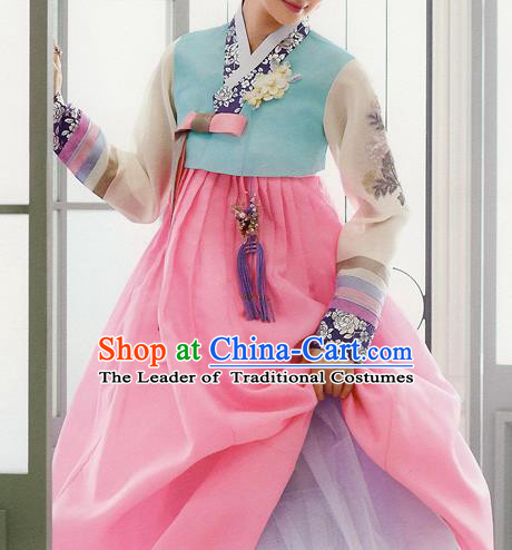 Traditional Korean Costumes Bride Formal Attire Ceremonial Blue Blouse and Pink Dress, Korea Hanbok Court Embroidered Clothing for Women