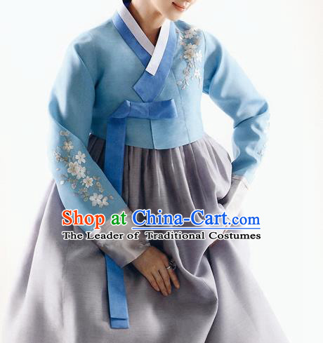 Traditional Korean Costumes Bride Formal Attire Ceremonial Blue Blouse and Grey Dress, Korea Hanbok Court Embroidered Clothing for Women