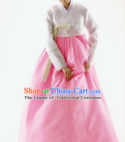 Traditional Korean Costumes Bride Formal Attire Ceremonial White Blouse and Pink Dress, Korea Hanbok Court Embroidered Clothing for Women