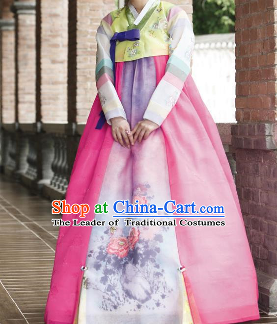 Traditional Korean Costumes Bride Wedding Rosy Dress, Korea Hanbok Queen Court Embroidered Clothing for Women